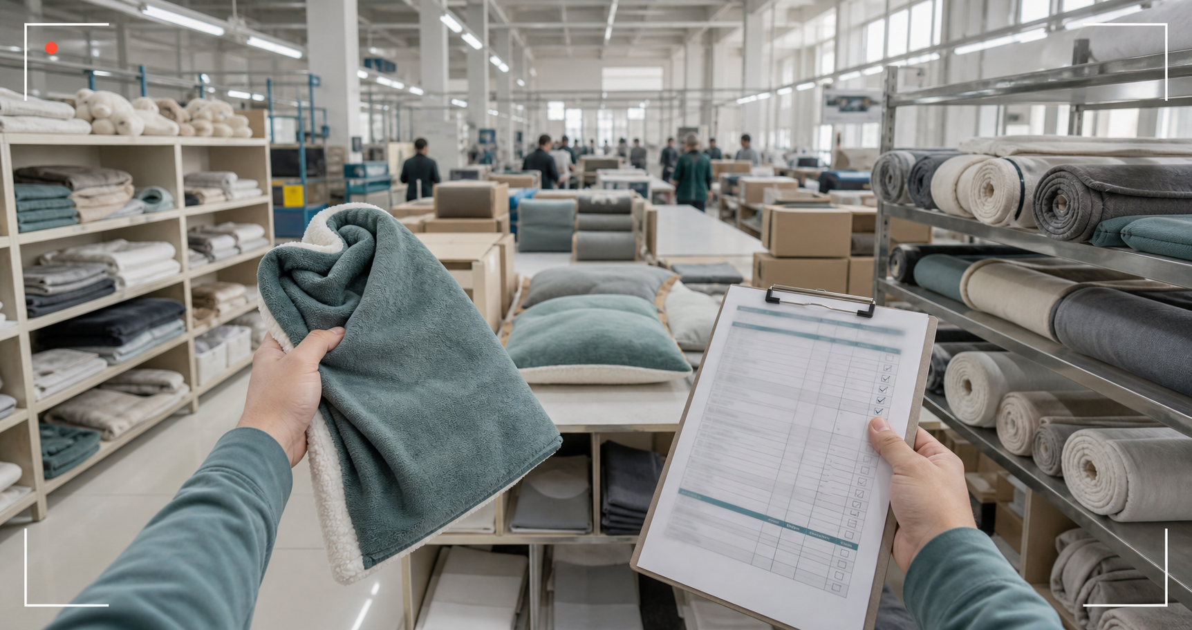 First-person view of a factory product review with textile samples and checklist